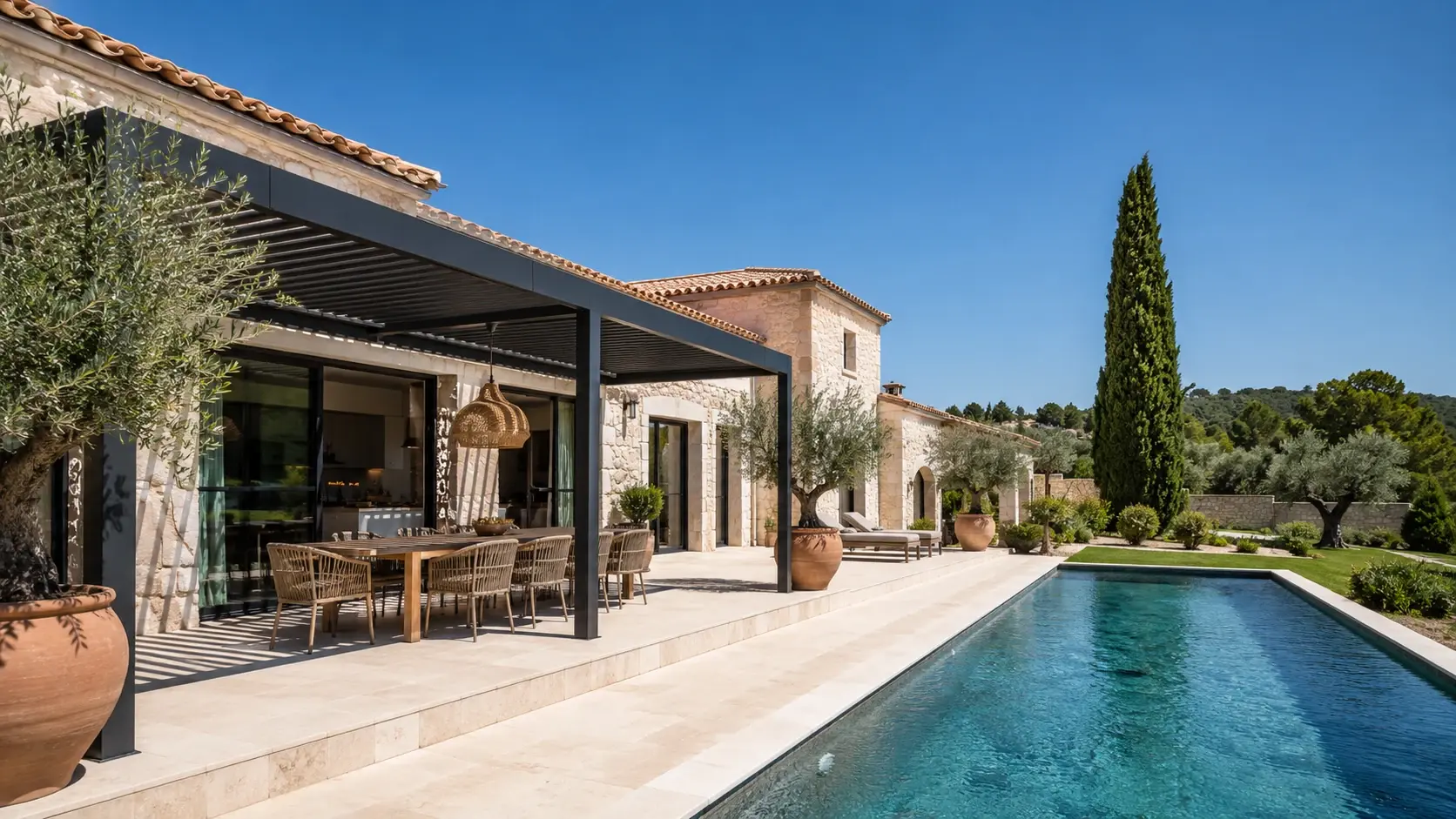 Maison méditerranéenne avec baies vitrées aluminium et pergola dans le sud de la France