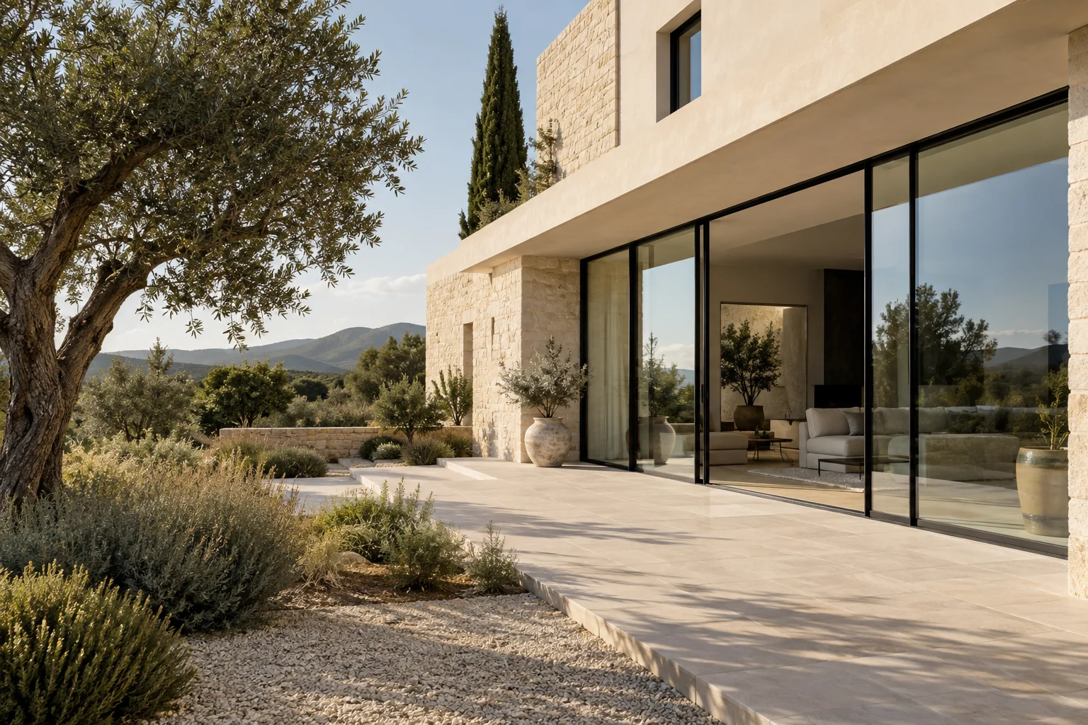 Inspiration : maison contemporaine du sud, façade claire et grandes baies aluminium